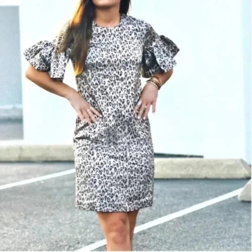 Banana Republic Puff Sleeve Leopard Print Metallic Shift Dress Cocktail Size 0